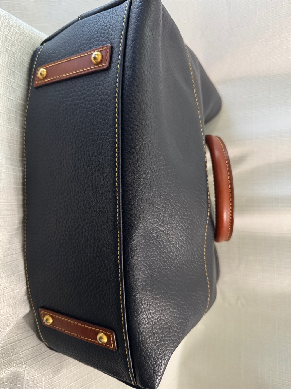 Dooney & Bourke Navy Pebble Leather Tote with Brown Handles and Gold Hardware - Picture 6 of 8